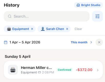 Team history with search, filters by Equipment and Sarah Chen, confirmed expense