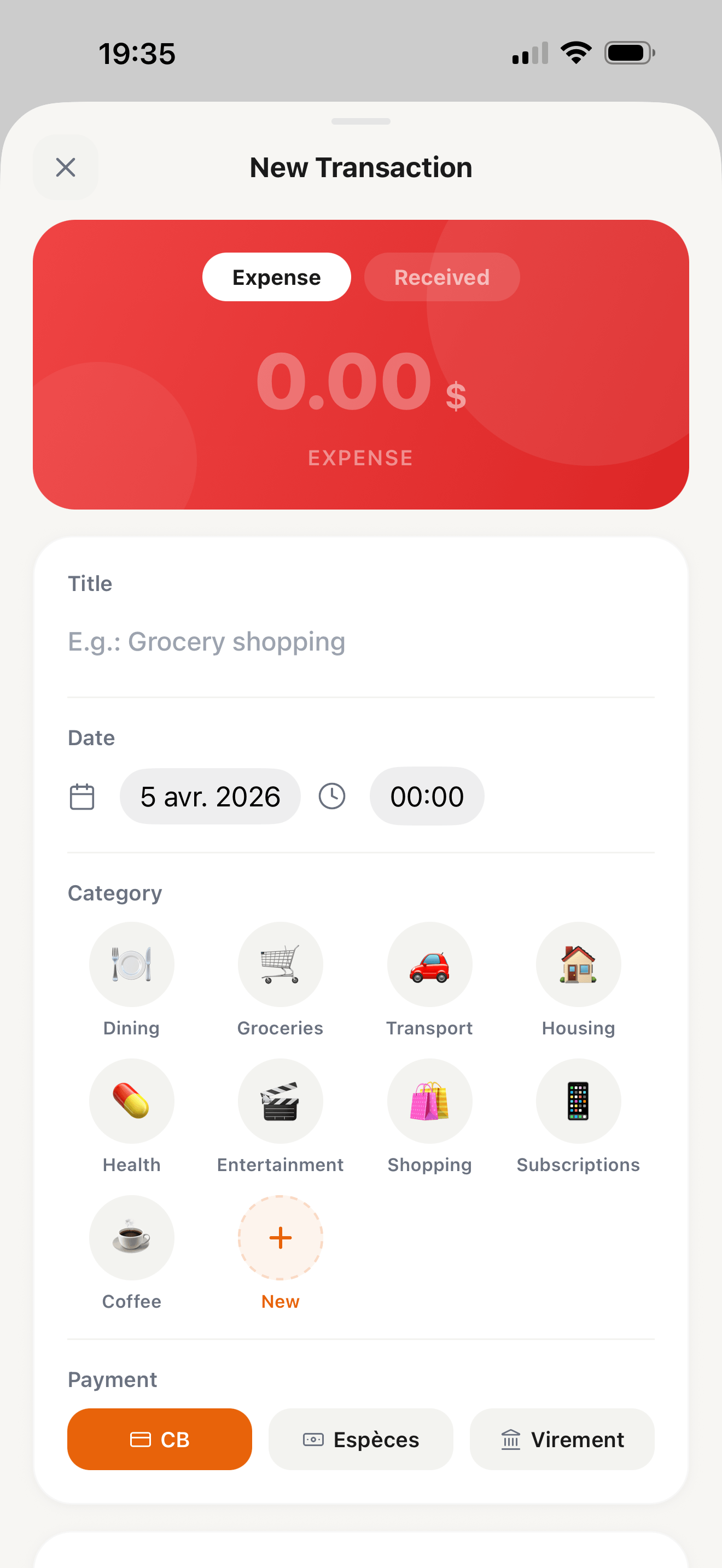 New transaction in expense mode with red gradient and category grid