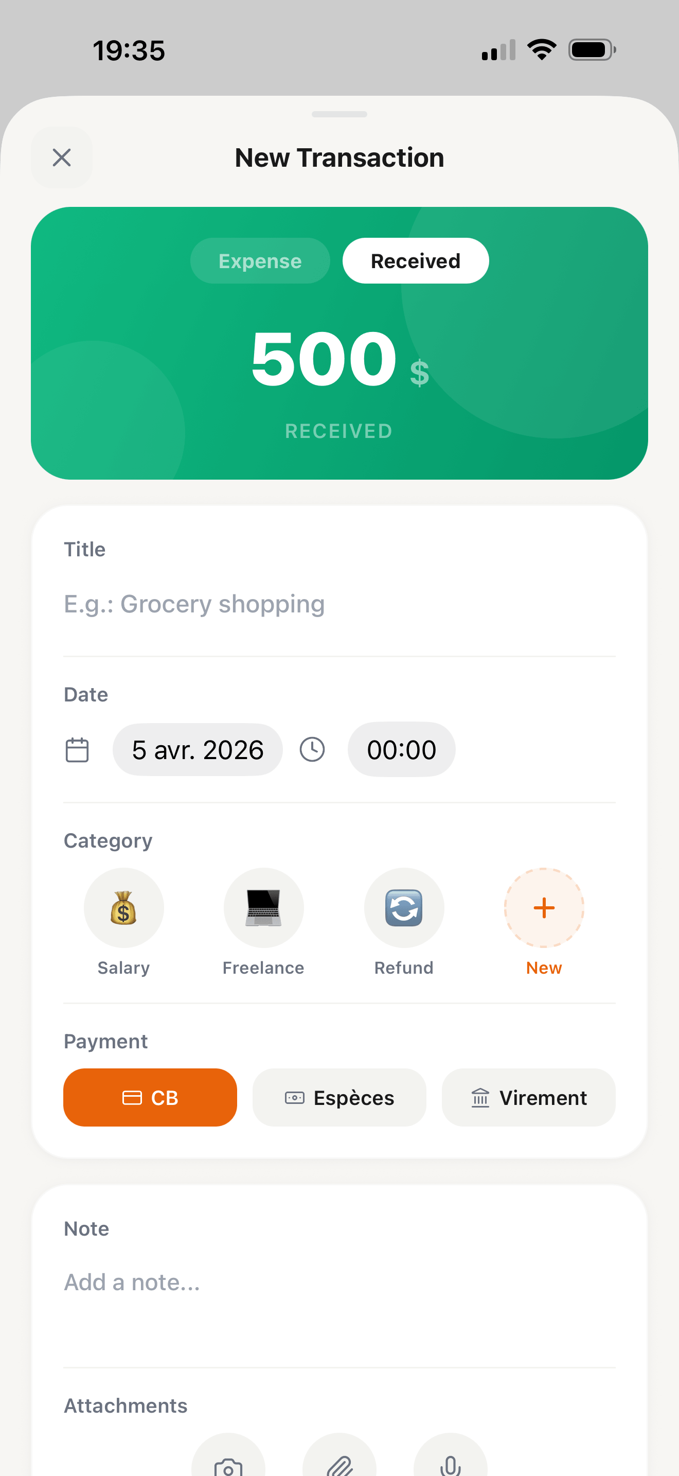 New transaction in received mode with green gradient and income categories