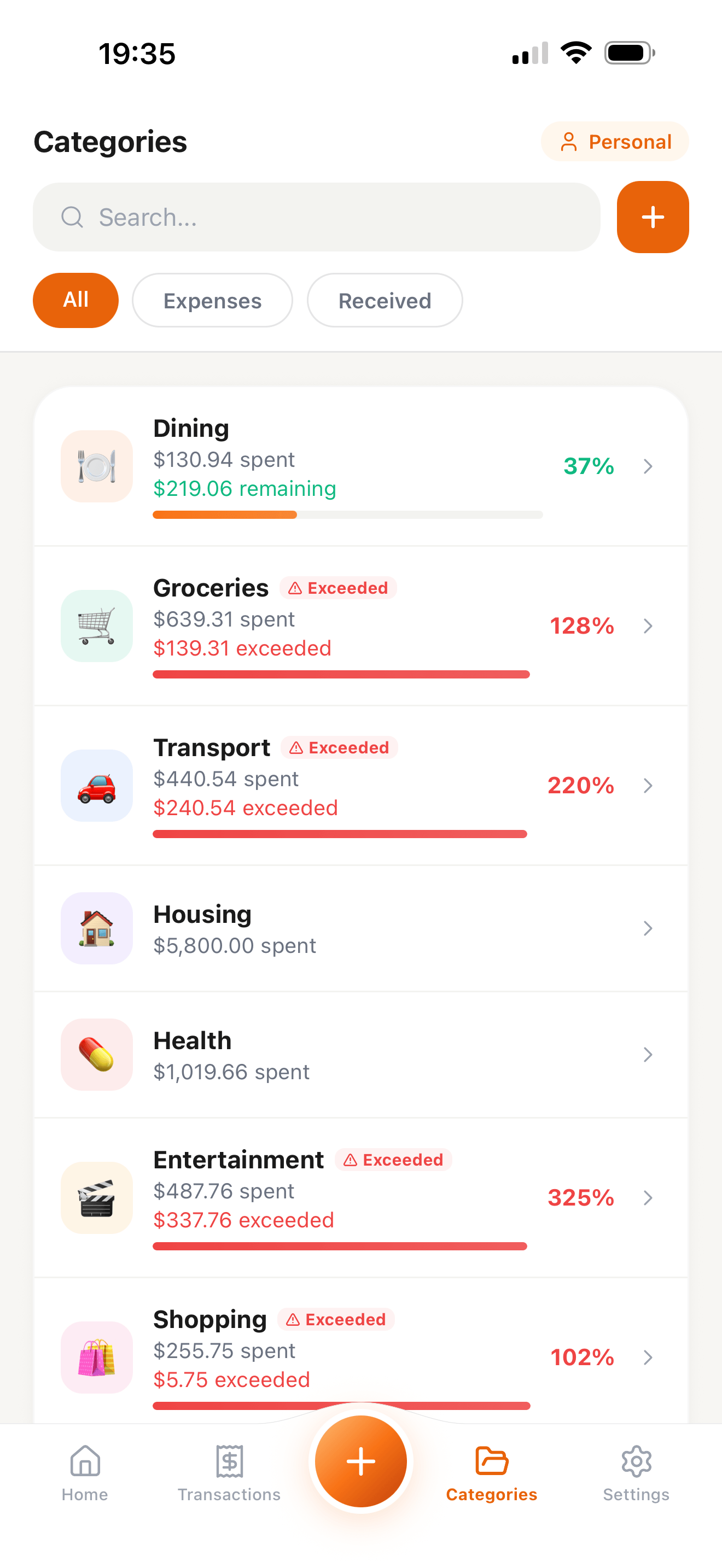 Categories list with budget progress bars, exceeded alerts for Groceries, Transport, Entertainment and Shopping