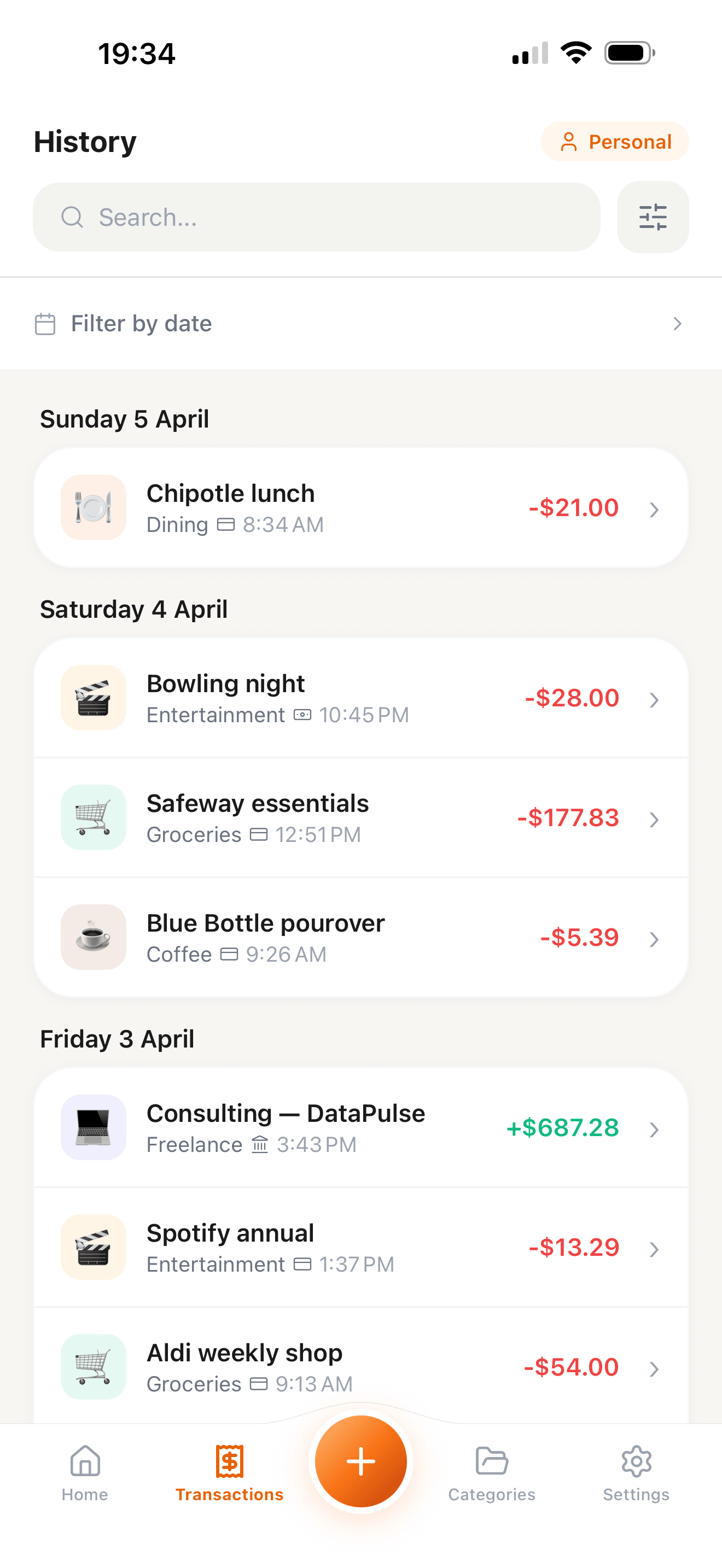 Transaction history grouped by day with expense and income amounts