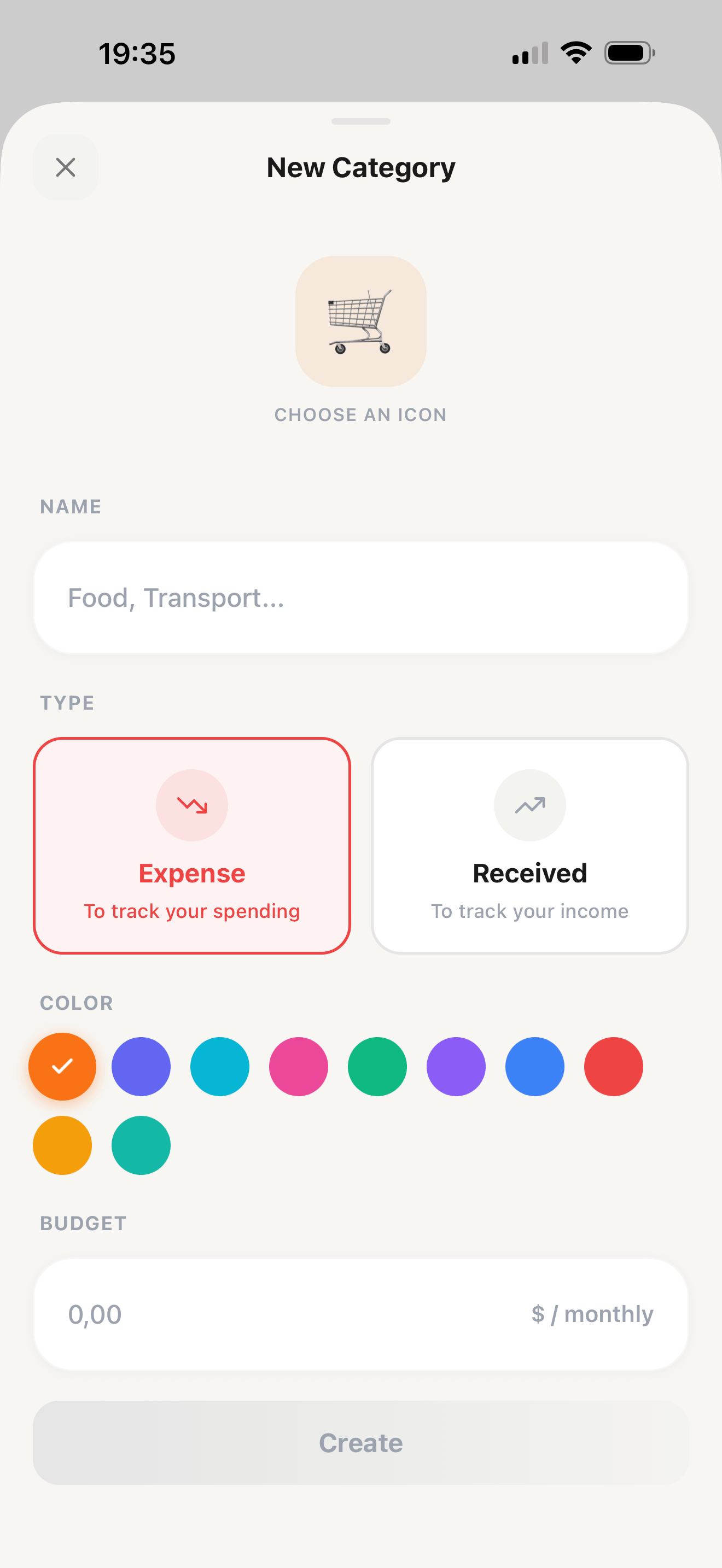 New category creation screen with icon picker, name, type selector, color palette and budget field