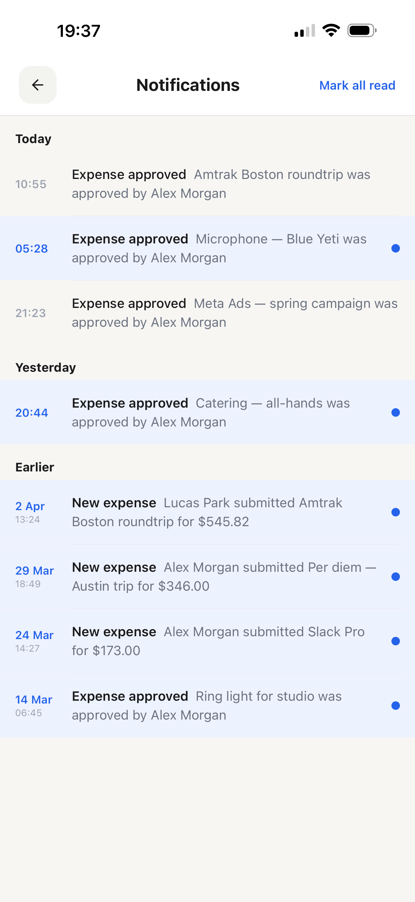 Notifications screen showing approved expenses, new submissions and budget alerts timeline