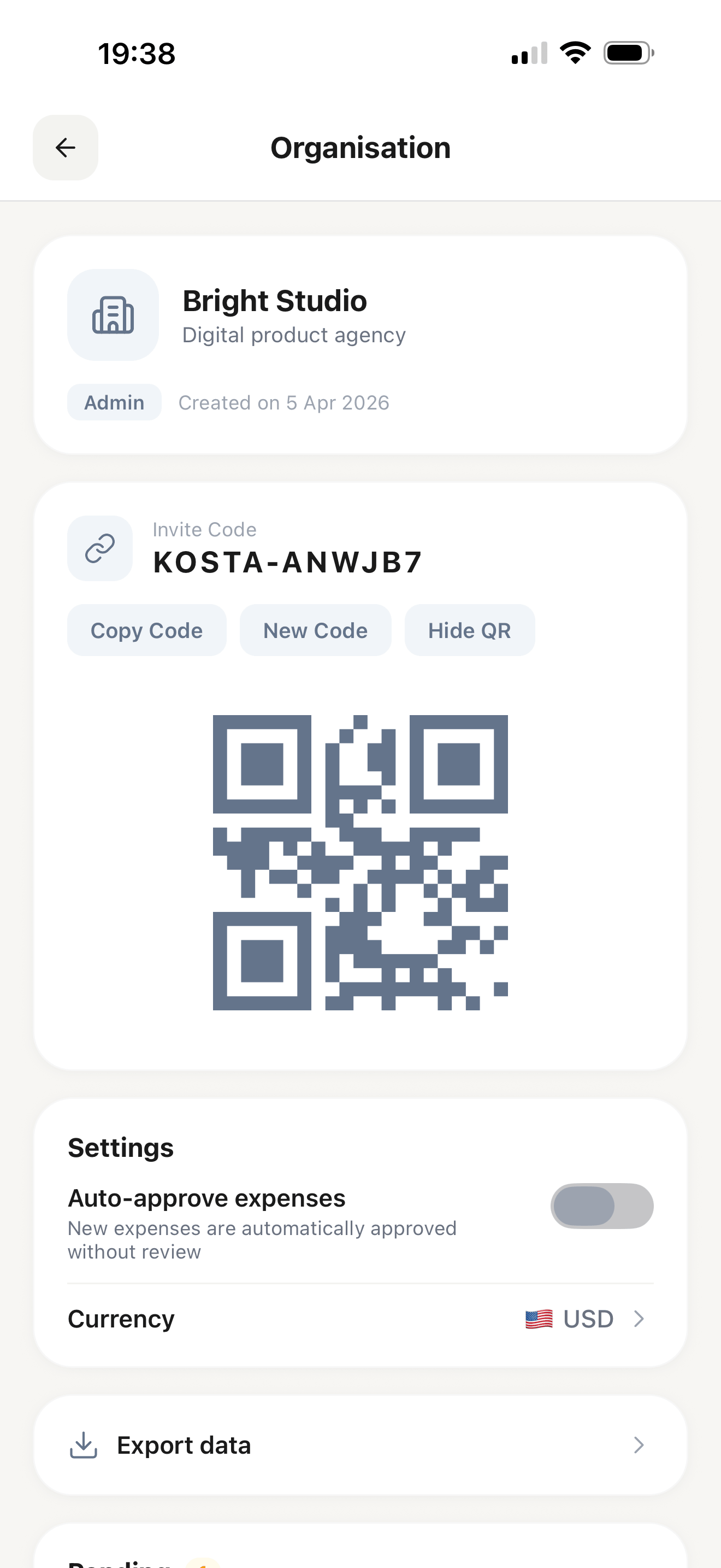 Organization page with invite code KOSTA-ANWJB7, QR code and auto-approve settings