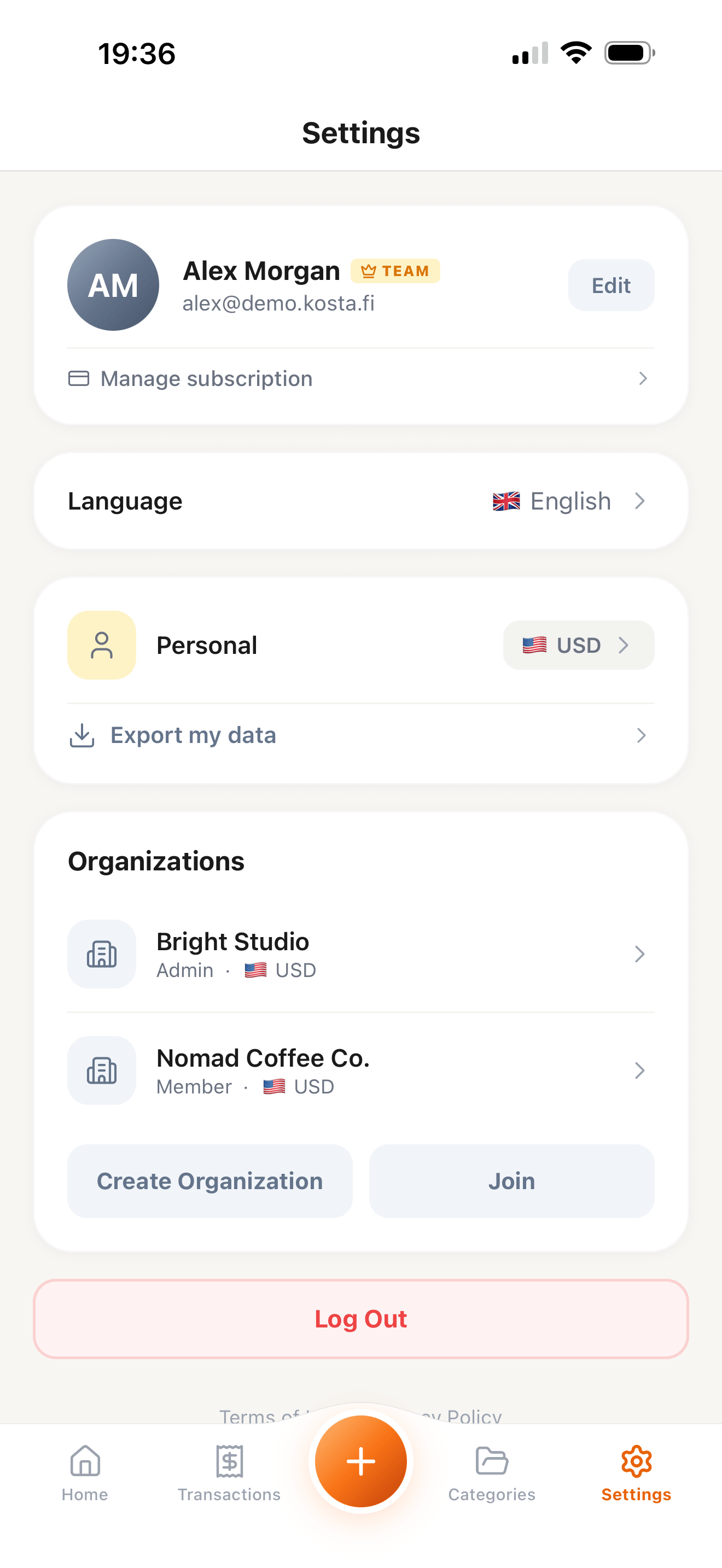 Settings screen showing personal account, organizations list, create or join